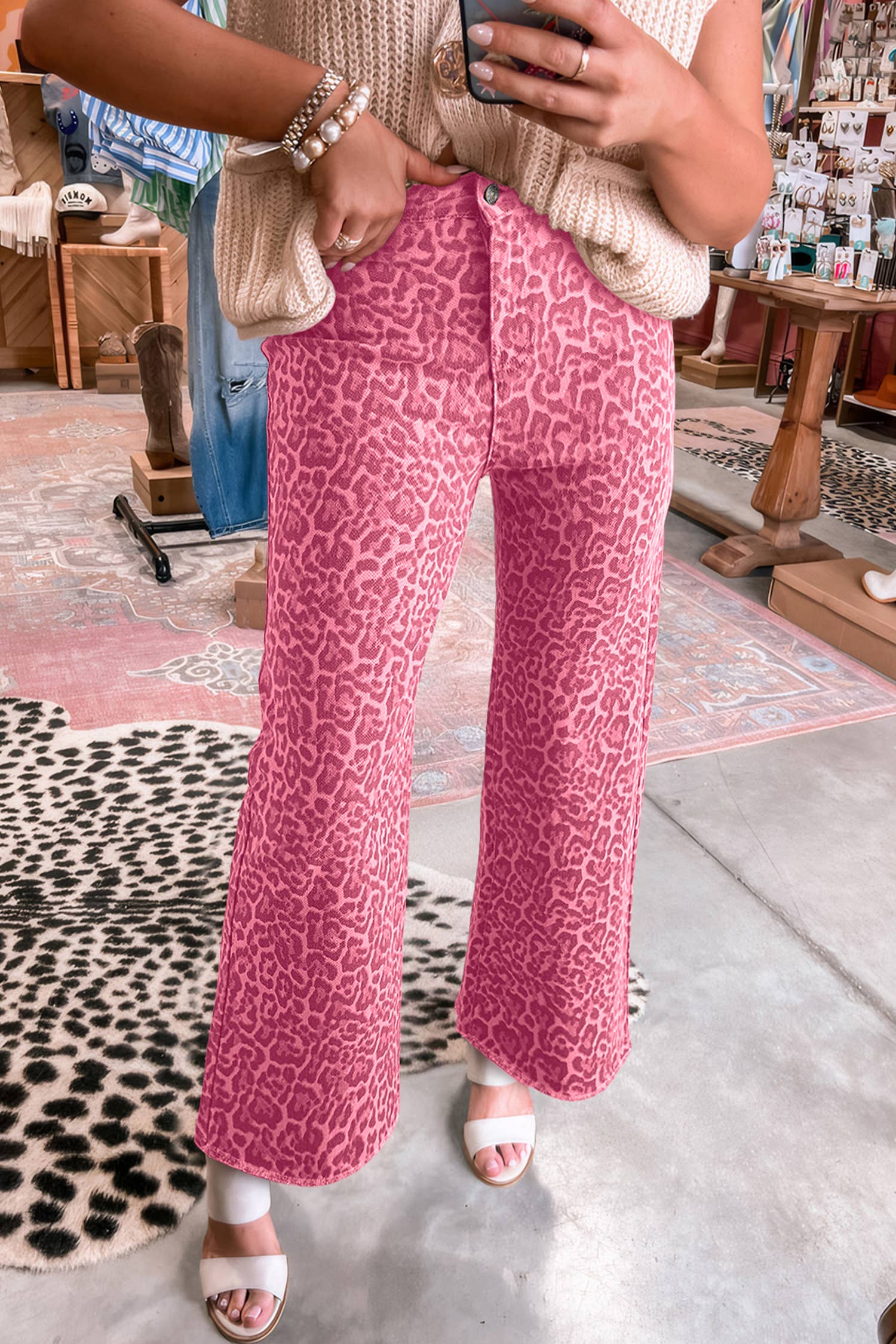 66 Western Leopard Love Edge Wide Leg High Waist Jeans: Light Gray / 10