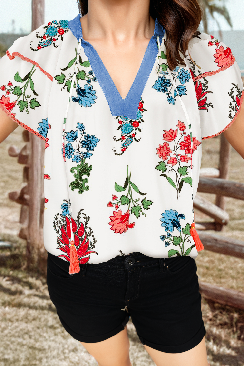 Floral Print Contrast Tassel Tie Lace Detail Blouse