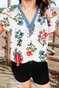 Fashion Floral Print Contrast Tassel Tie Lace Detail Blouse: As shown / Missy / L