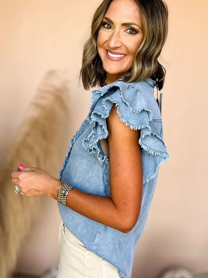 Blue Ruffle Trim Denim Top Button Front Flutter Sleeve