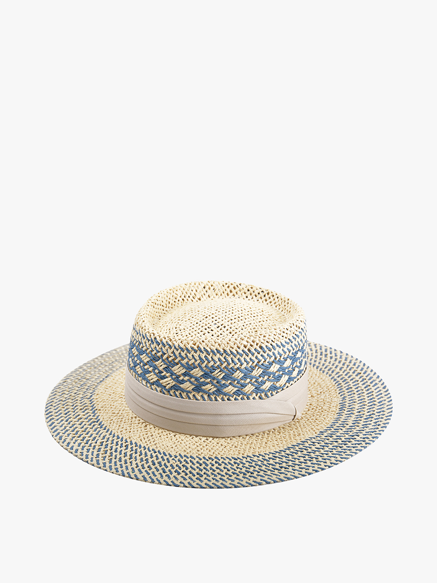 HAT2326 Zia Two-Tone Straw Boater Hat w/ Band: Lt. Blue/Beige