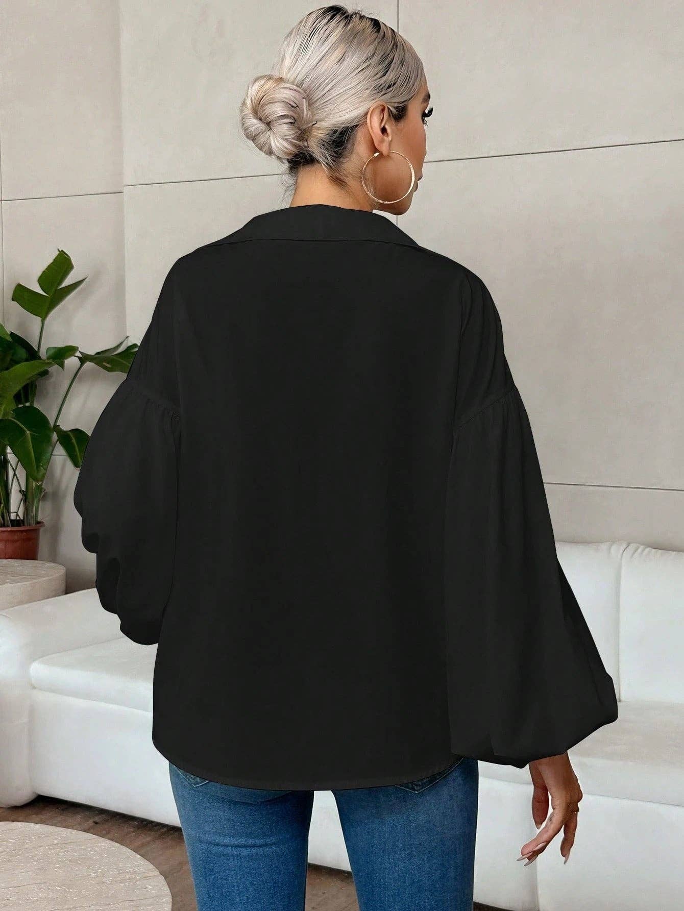 Women’s Lantern Sleeve V Neck Blouse Elegant Casual Top: White / 100% Polyester / S