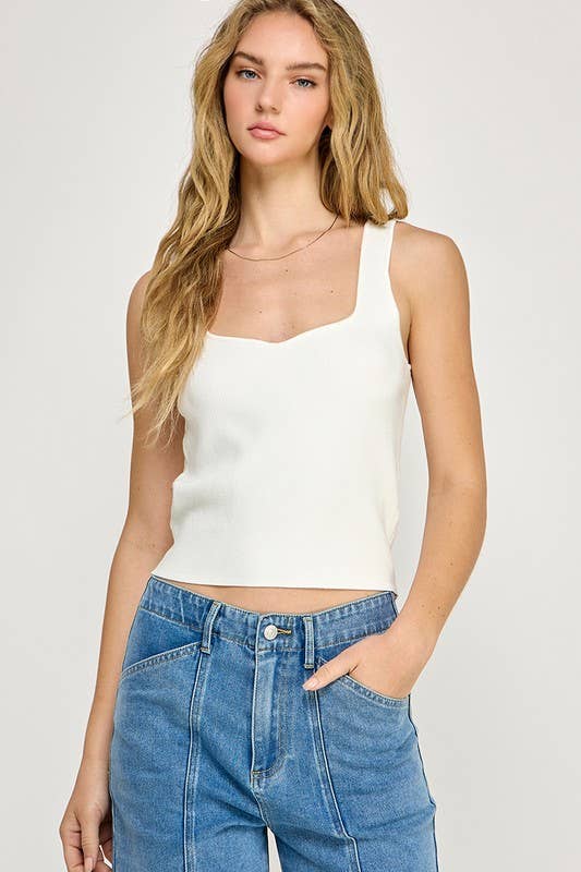 SQUARE NECK RIBBED SWEATER TANK TOP : Off White / S