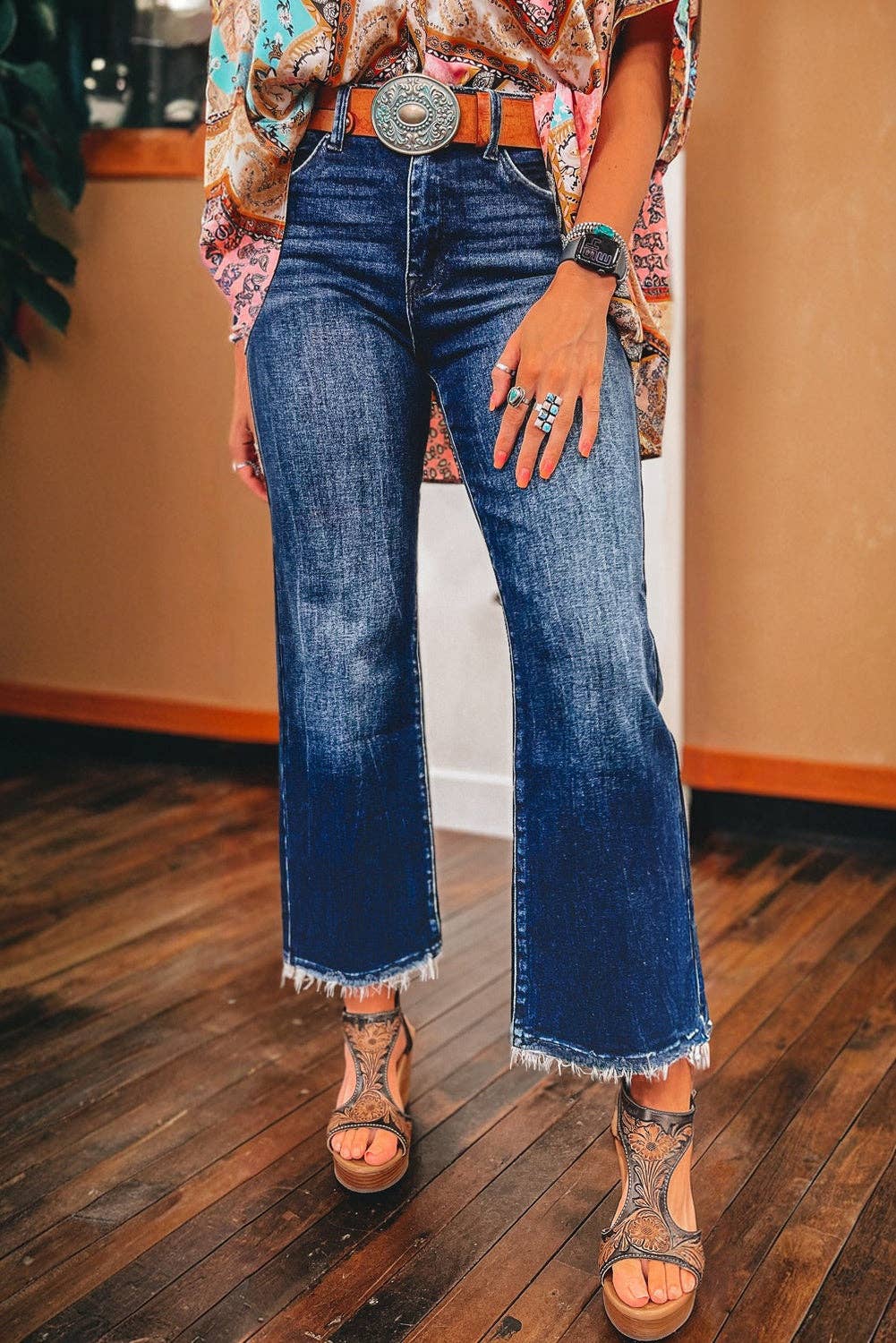 High Waist Flared Jeans with Raw Hem