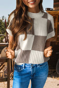 Fashion-W Checkered Colorblock Short Sleeve Sweater: Khaki / Missy / XL