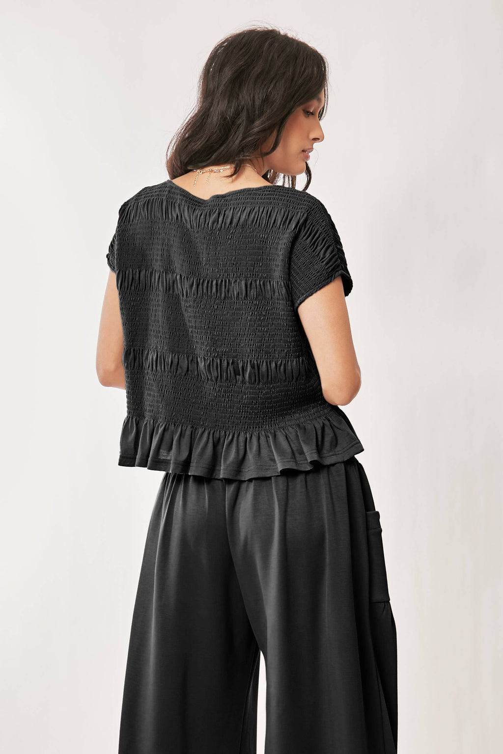 RUFFLE CAP SLEEVE TOP AND WAISTBAND PANTS SET: INDIGO BLUE / L