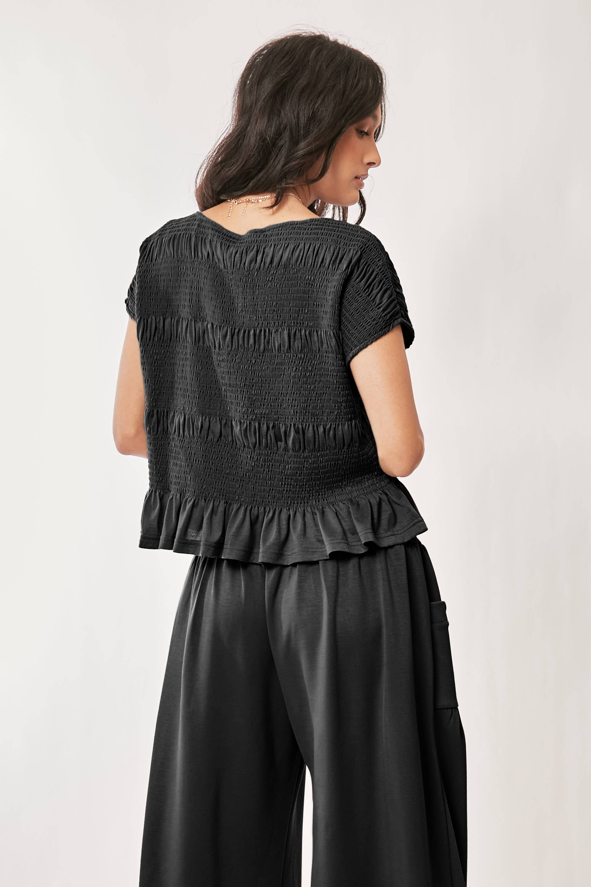 RUFFLE CAP SLEEVE TOP AND WAISTBAND PANTS SET: INDIGO BLUE / L