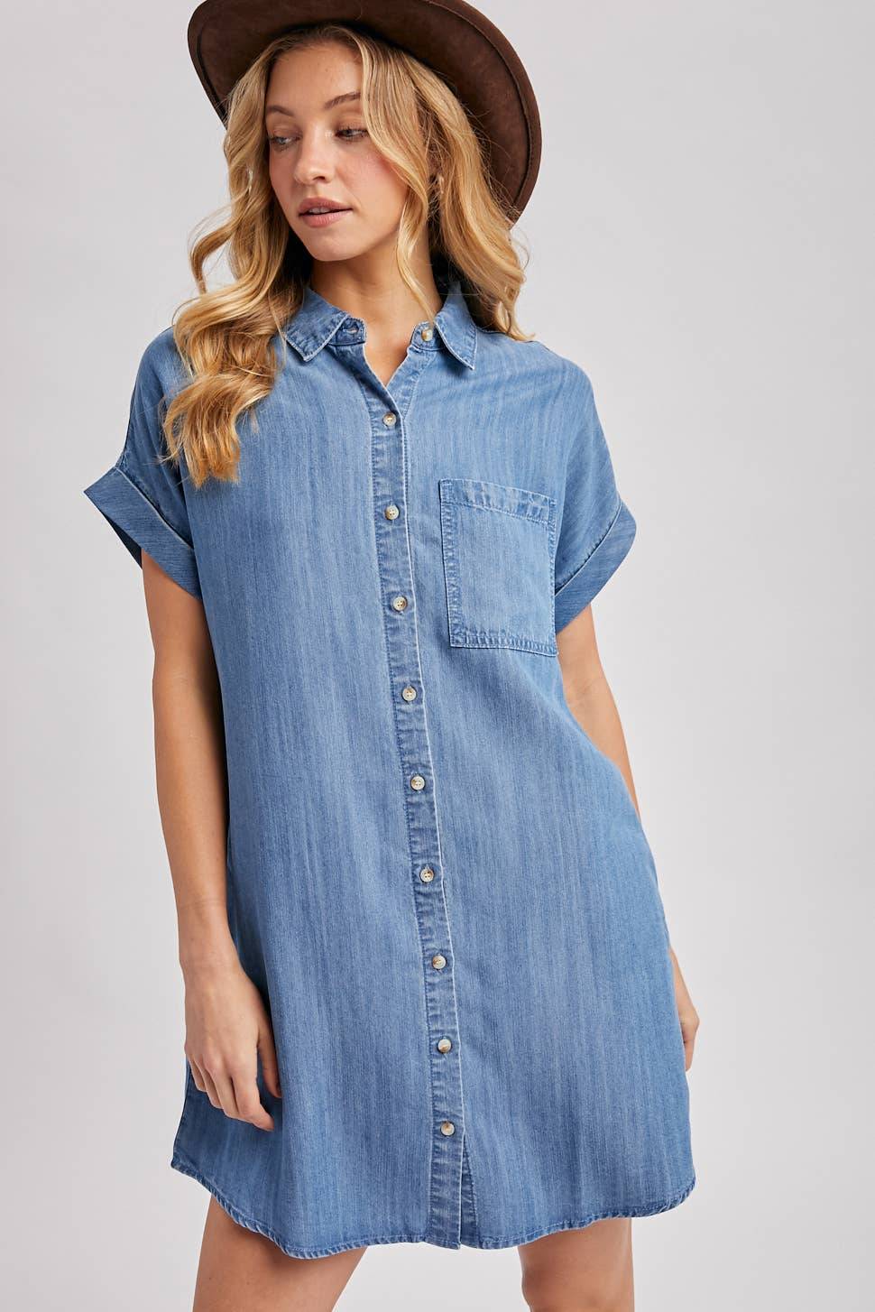 DENIM BUTTON DOWN SHIRT DRESS: LT.WASH / L