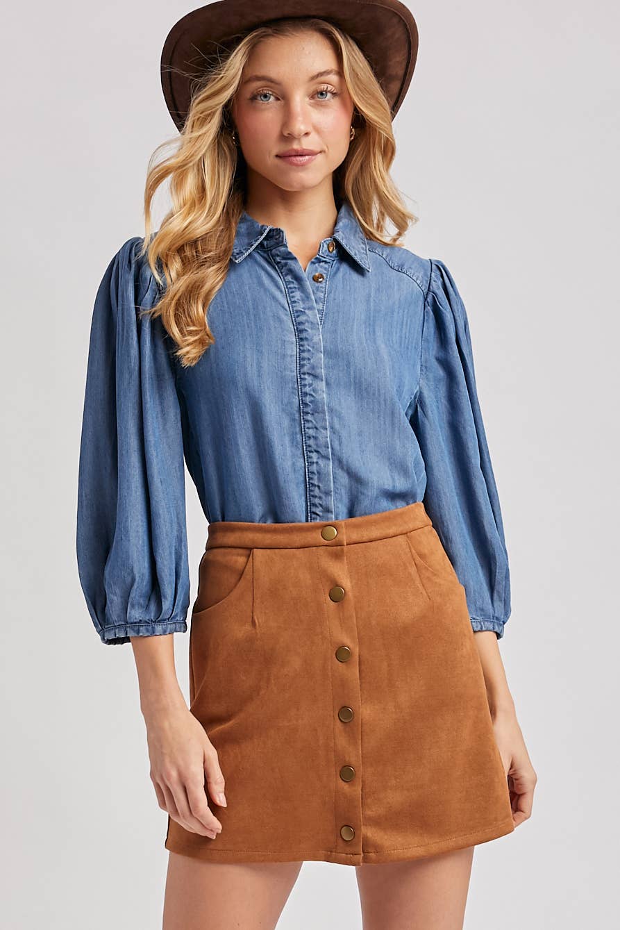 Denim Button Down Puff Sleeve Shirt