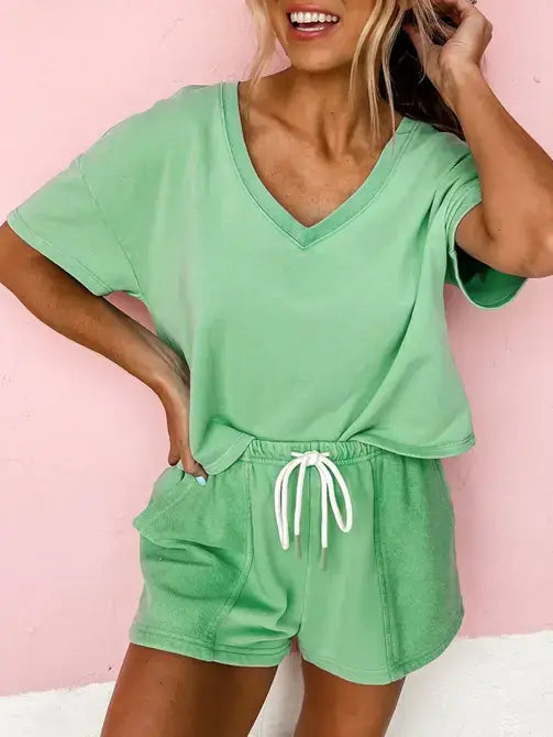 Women’s V-Neck Tee and Drawstring Shorts Lounge Set: Bonbon / 70%Polyester+25%Cotton+5%Elastane / M