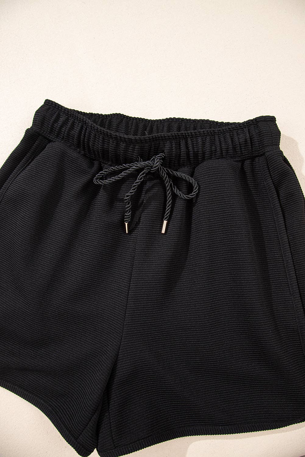 Black Textured Half Zip Kangaroo Pocket Top Drawstring Shorts Set: Black / 95%Polyester+5%Elastane / M