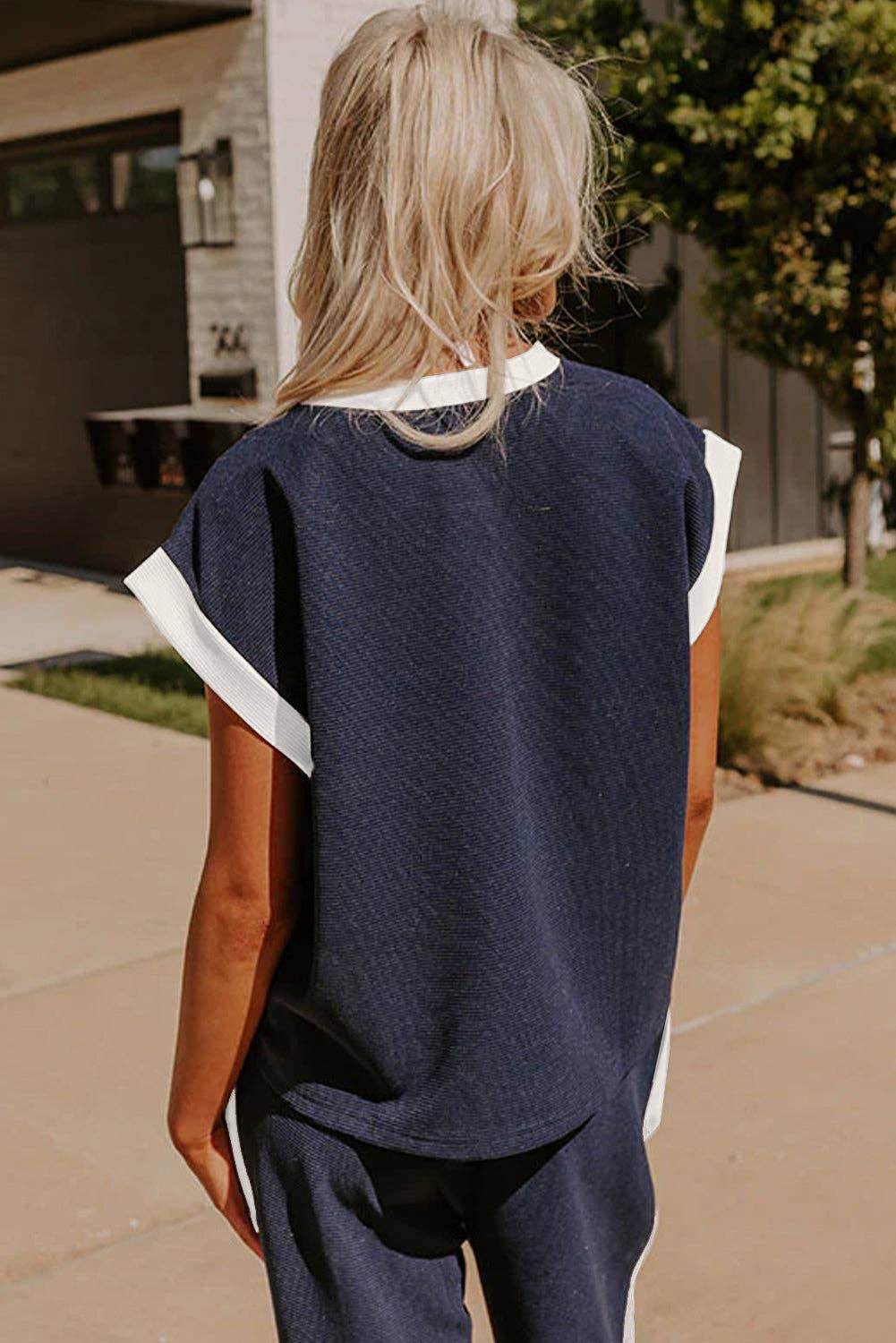 Navy Colorblock Pocket Tee Wide Leg Pants Two Piece Set: Navy Blue / 70%Polyester+27%Viscose+3%Elastane / XL