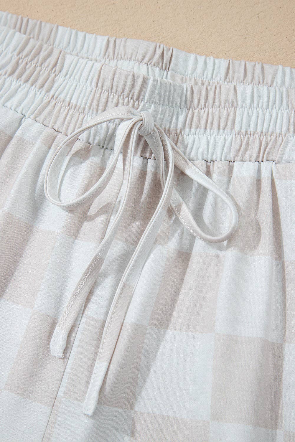 Beige Checkered Lounge Set V Neck Tee Shorts: Beige / 95%Polyester+5%Elastane / XL