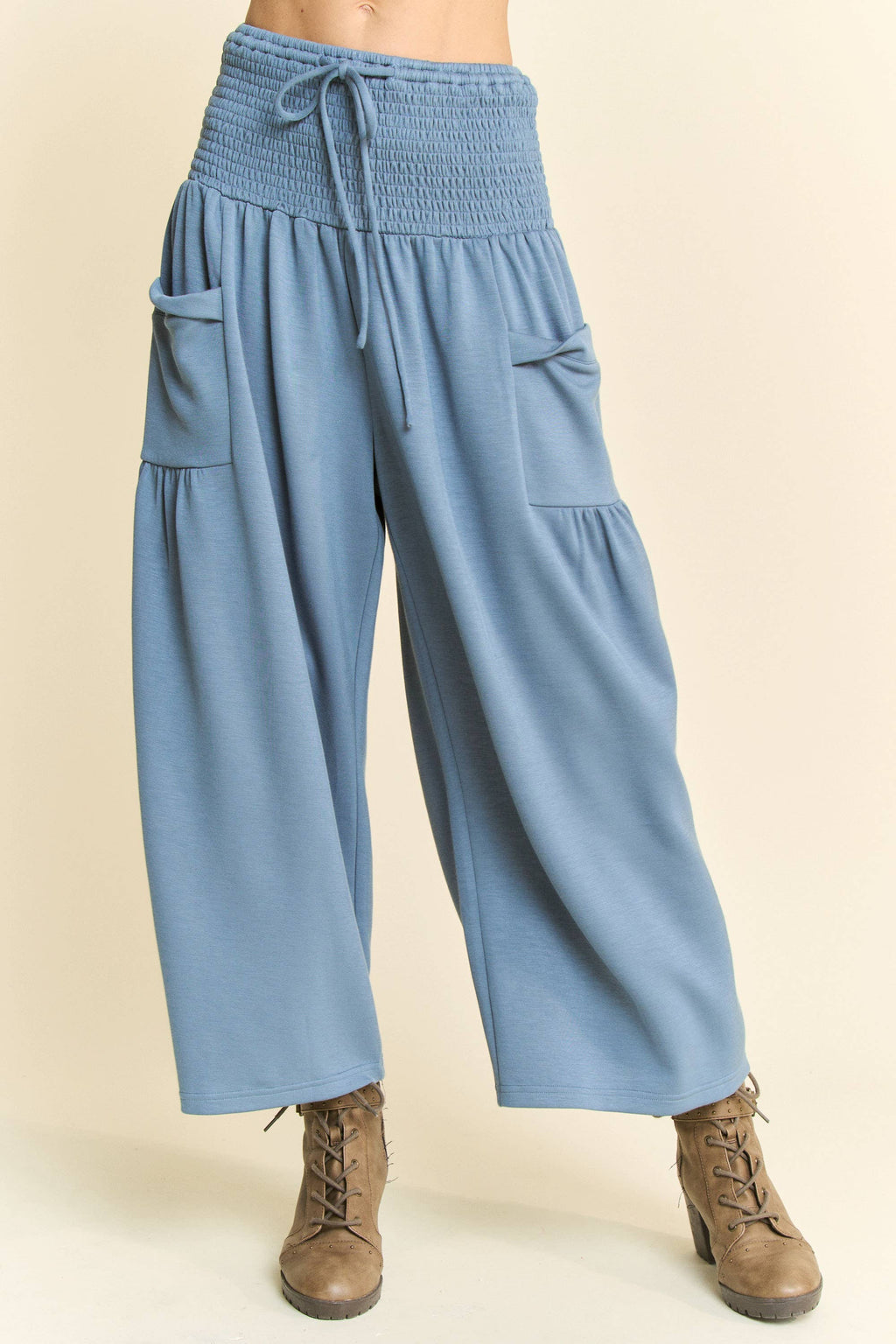 RUFFLE CAP SLEEVE TOP AND WAISTBAND PANTS SET: INDIGO BLUE / L