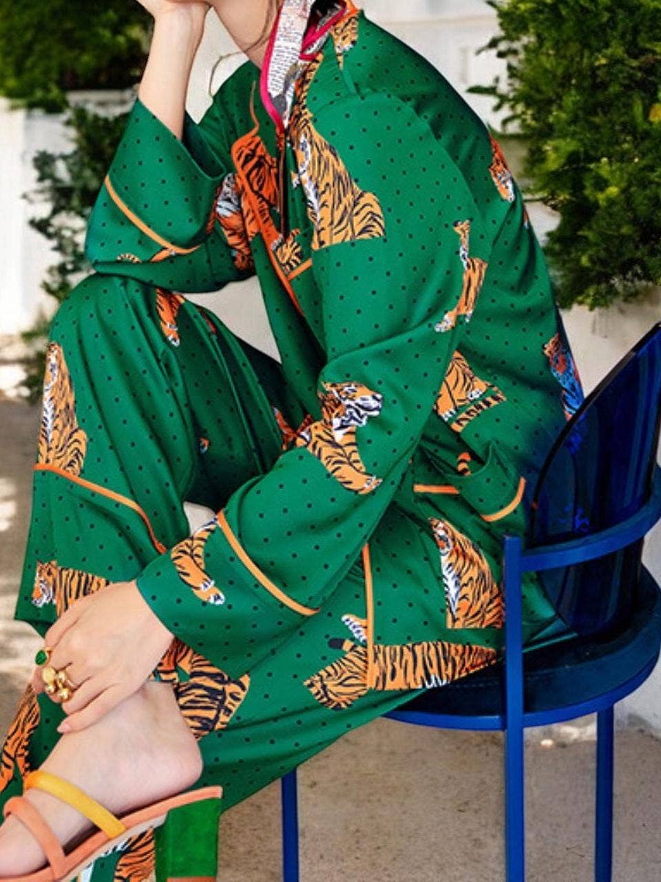 Satin Tiger Print Pajama Set: Green / L