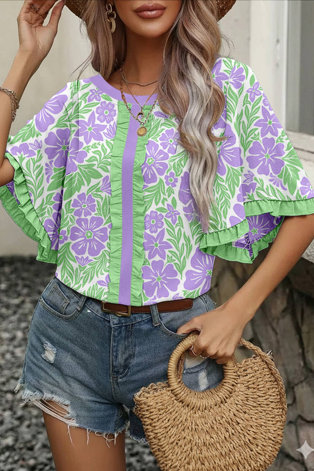 Floral Print Frill Contrast Trim S/S 26 Blouse | S-XL: Sky Blue / L