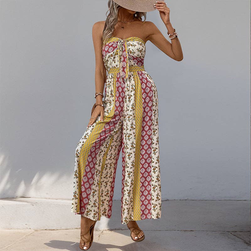 Boho Strapless Smocked Jumpsuit with Wide-Leg Flare Pants: Apricot / 100%Viscose / L