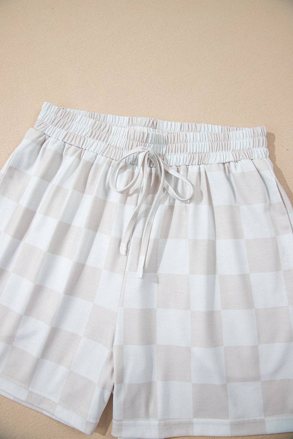 Beige Checkered Lounge Set V Neck Tee Shorts: Beige / 95%Polyester+5%Elastane / S