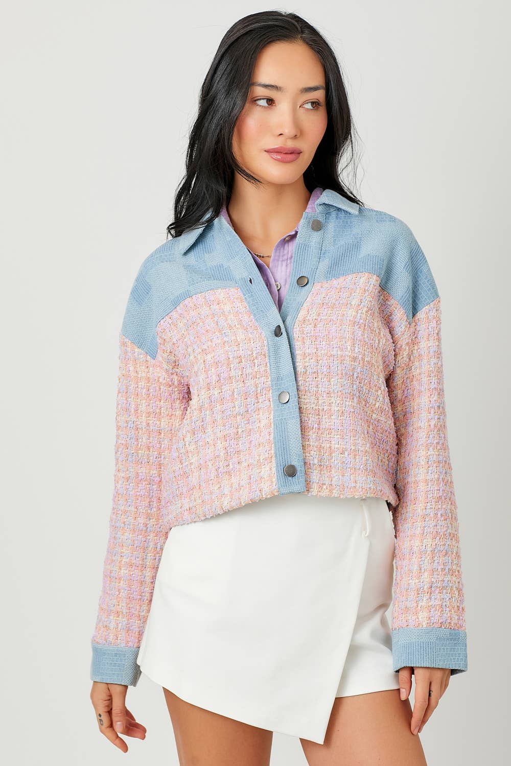 60433 Cropped Denim Mixed Jacket: Ivory Mix / Large