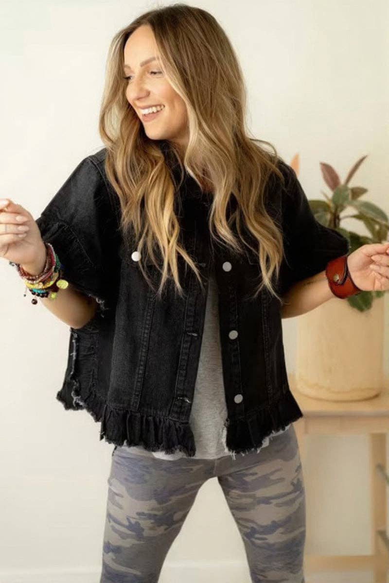 Frayed Hem Denim Jacket: BLUE / S