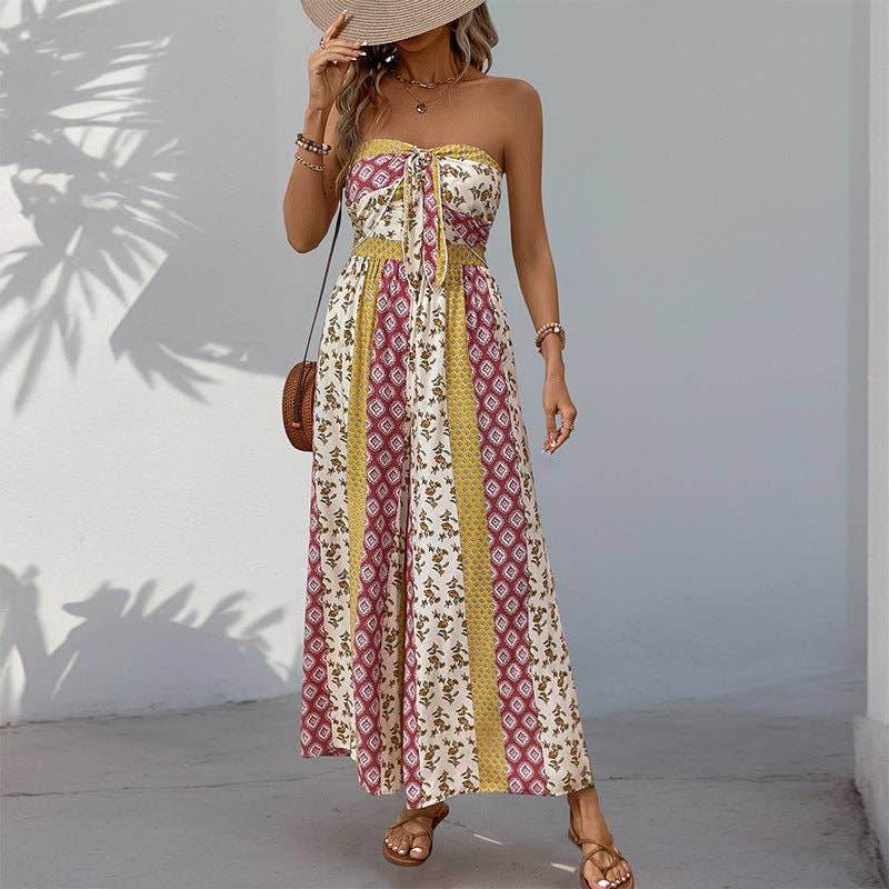 Boho Strapless Smocked Jumpsuit with Wide-Leg Flare Pants: Apricot / 100%Viscose / S