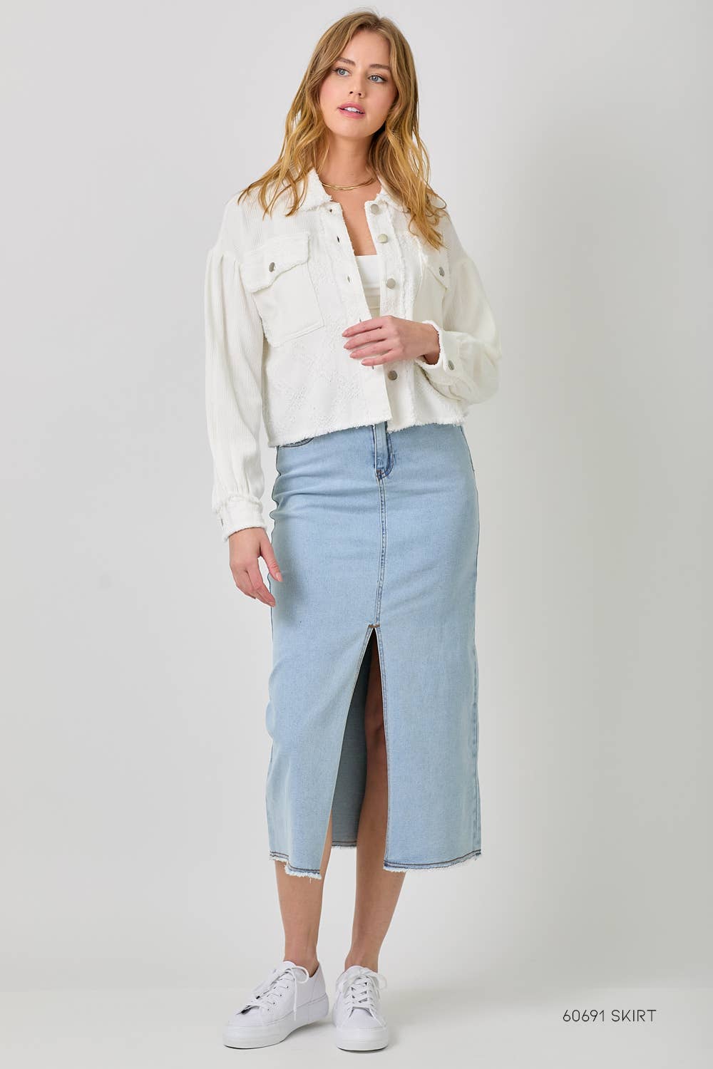 60634 Mixed Media Balloon Sleeve Jacket : Off White Mix / Large