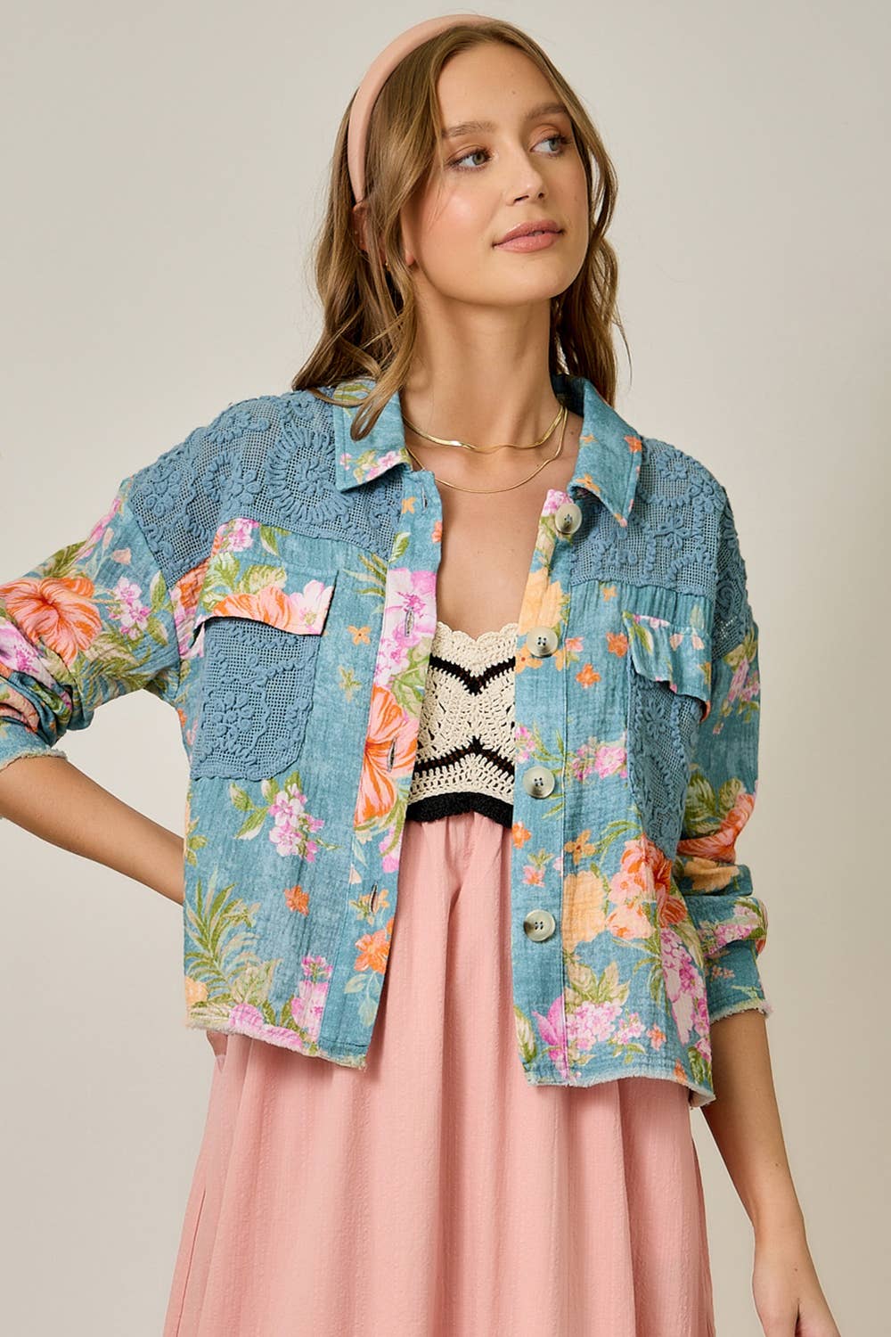 61438 Floral Mixed Media Jacket: White Mix / Large