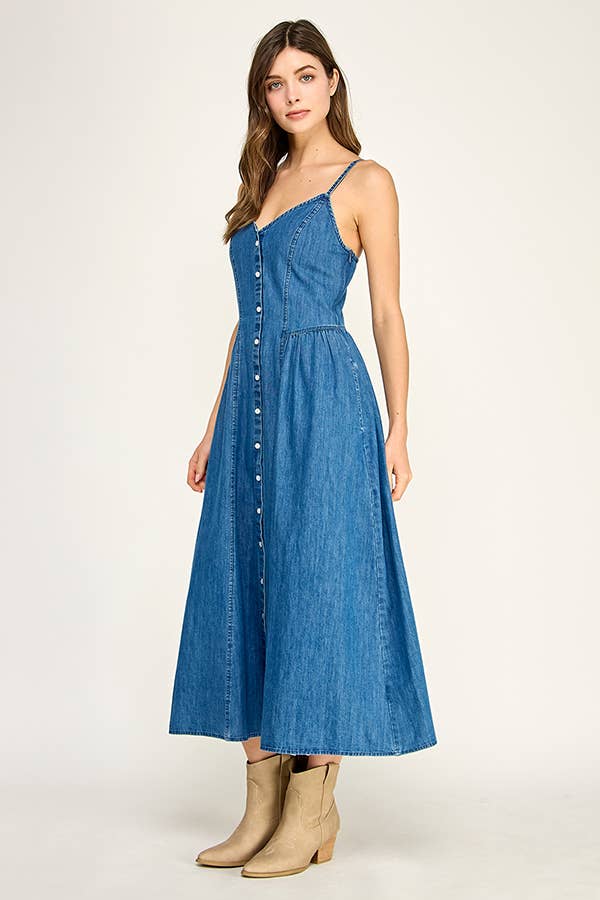 DENIM BUTTON FRONT MIDI DRESS: DENIM BLUE / S