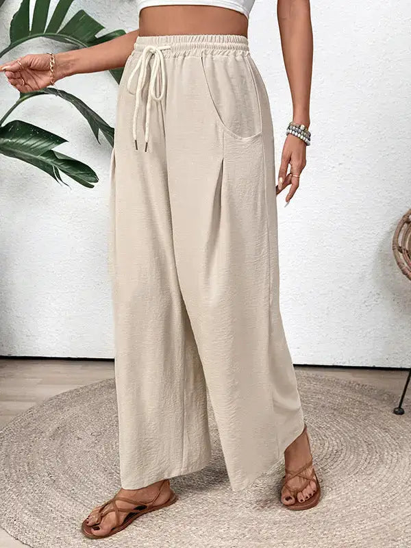 2026 Spring Casual Wide Leg Drawstring Pocket Pants: Apricot / 100%Polyester / M