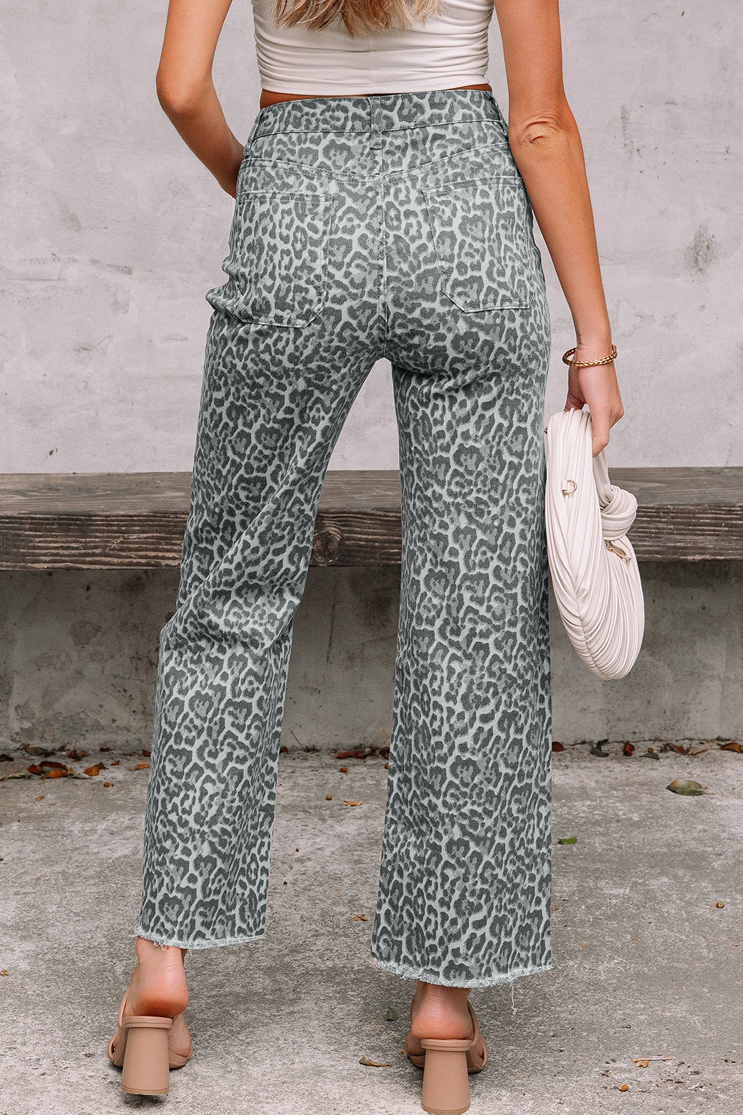 66 Western Leopard Love Edge Wide Leg High Waist Jeans: Light Gray / 10