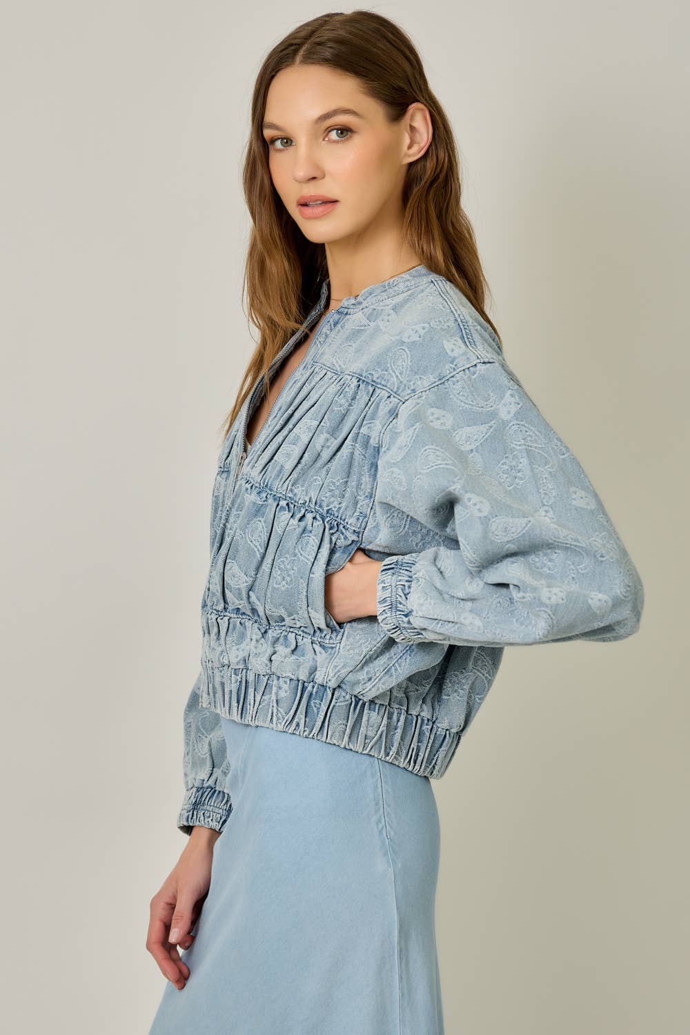 61362 Ruched Denim Bomber Jacket: Light Denim Blue / Small