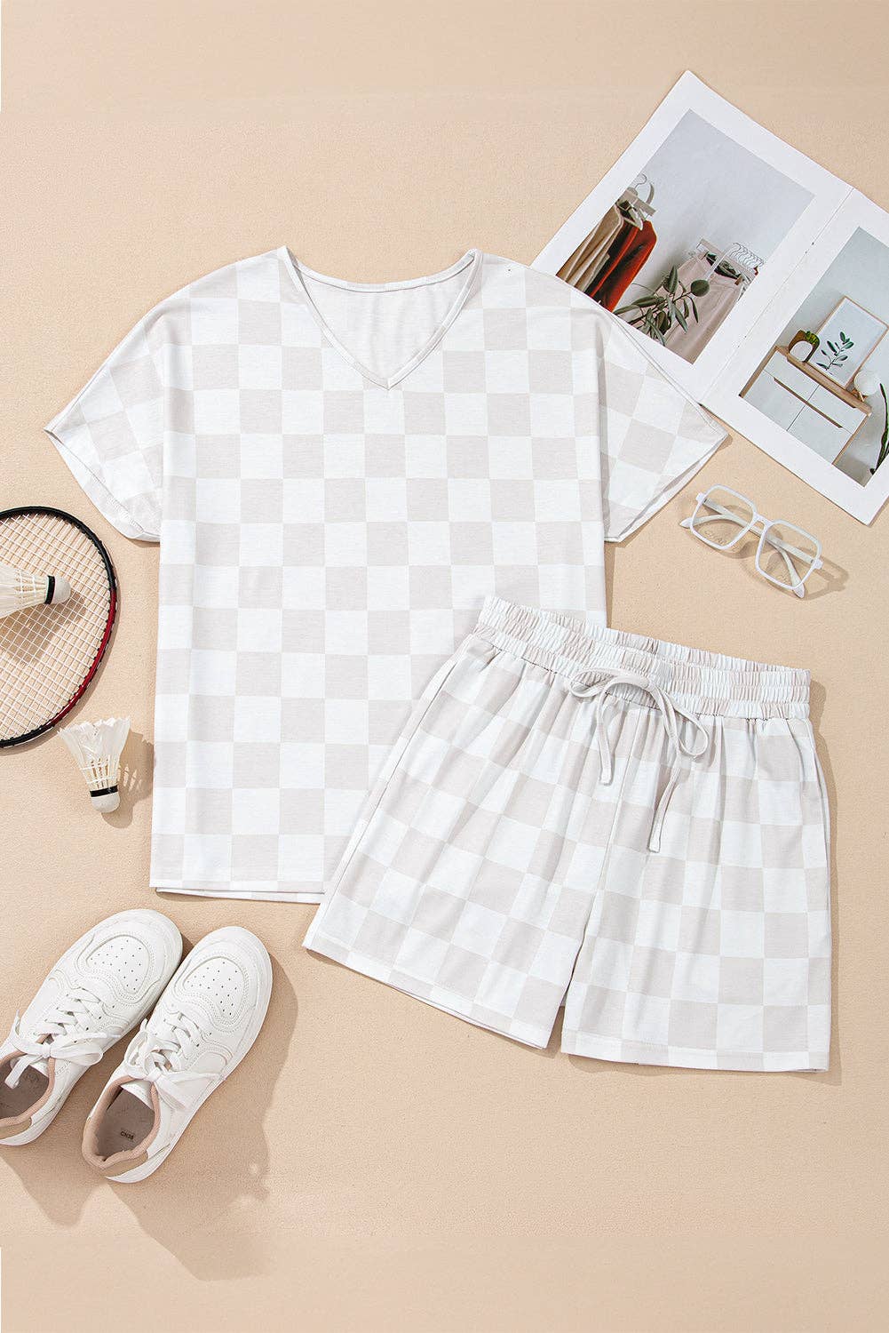 Beige Checkered Lounge Set V Neck Tee Shorts