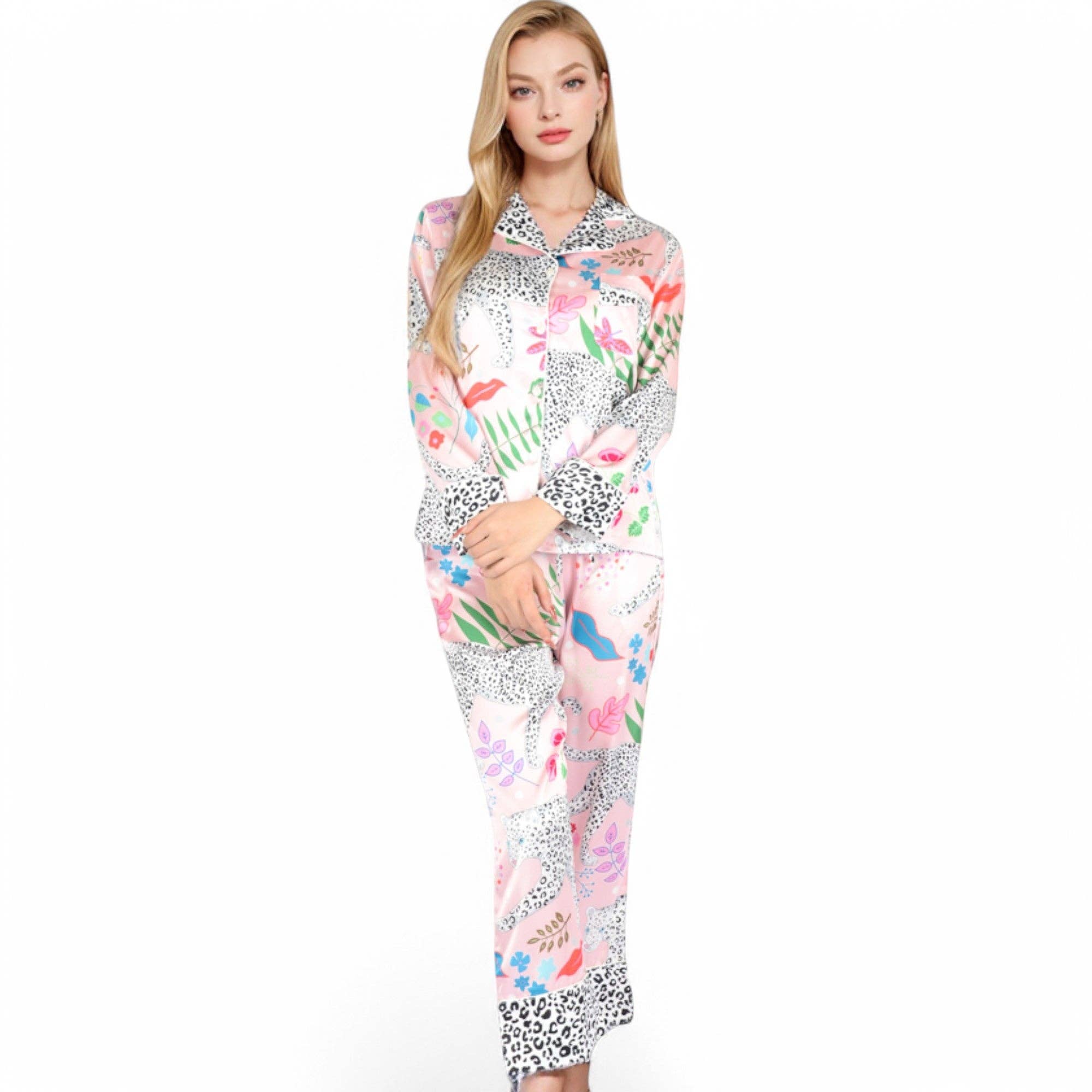 Satin Pink Leopard Print Pajama Set with Long Sleeve