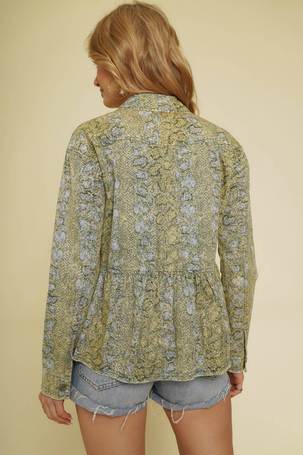 55936 Animal Print Peplum Jacket: LT Olive / Large