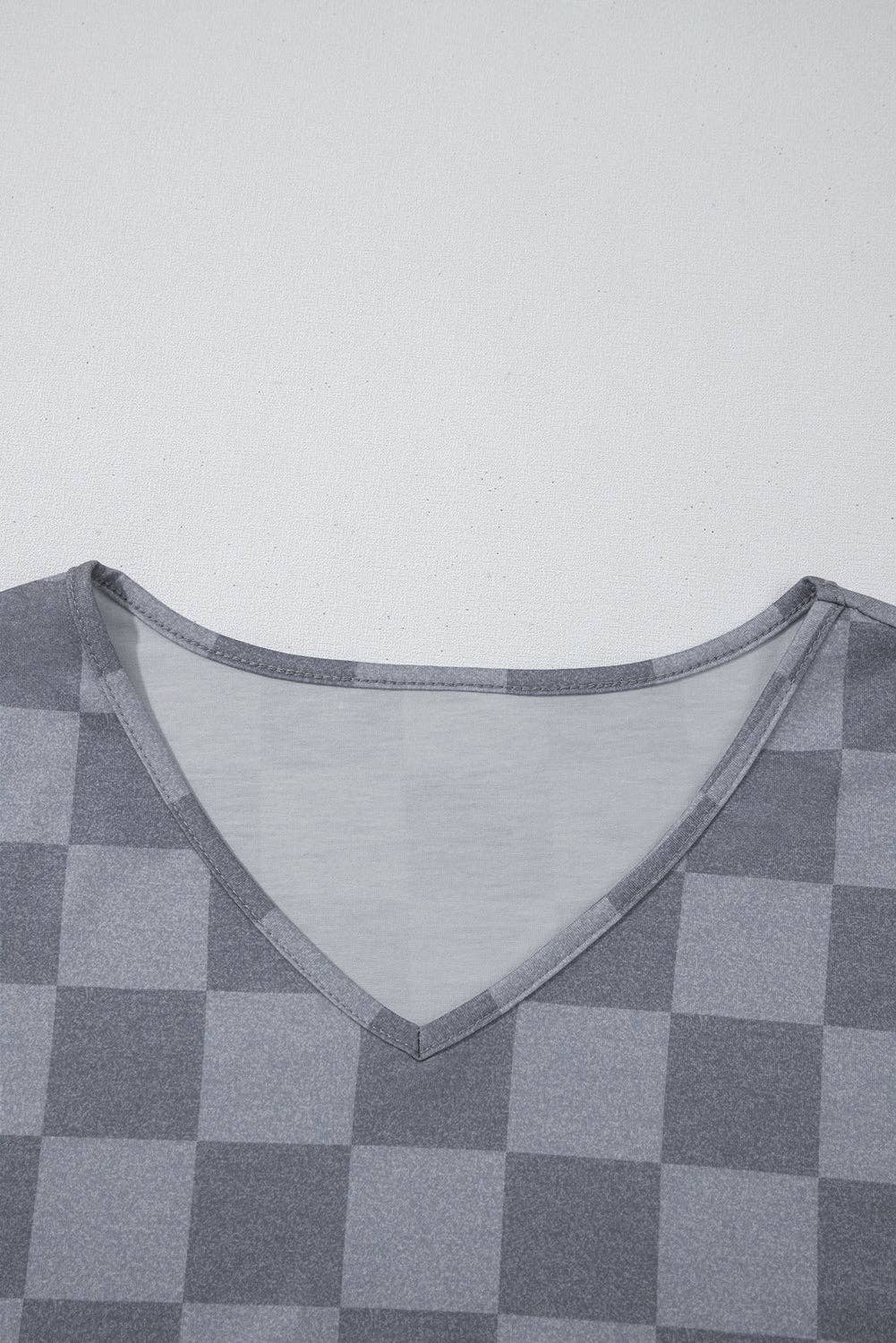 Beige Checkered Lounge Set V Neck Tee Shorts: Beige / 95%Polyester+5%Elastane / L