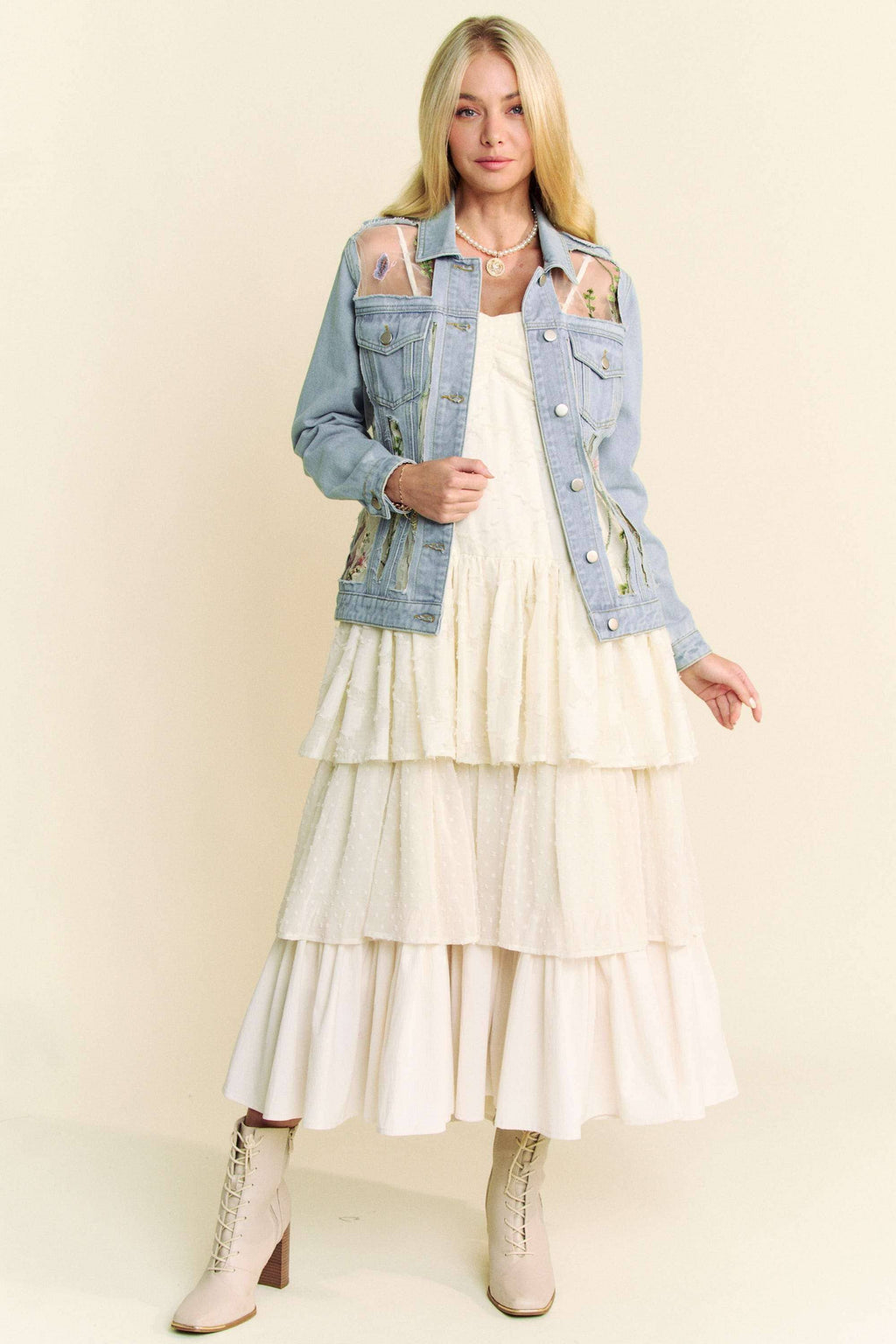 Floral Embroidery Mesh Button Down Denim Jacket