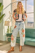 71150 Floral Printed Denim Barrel Jeans: Light Washed Denim / Large