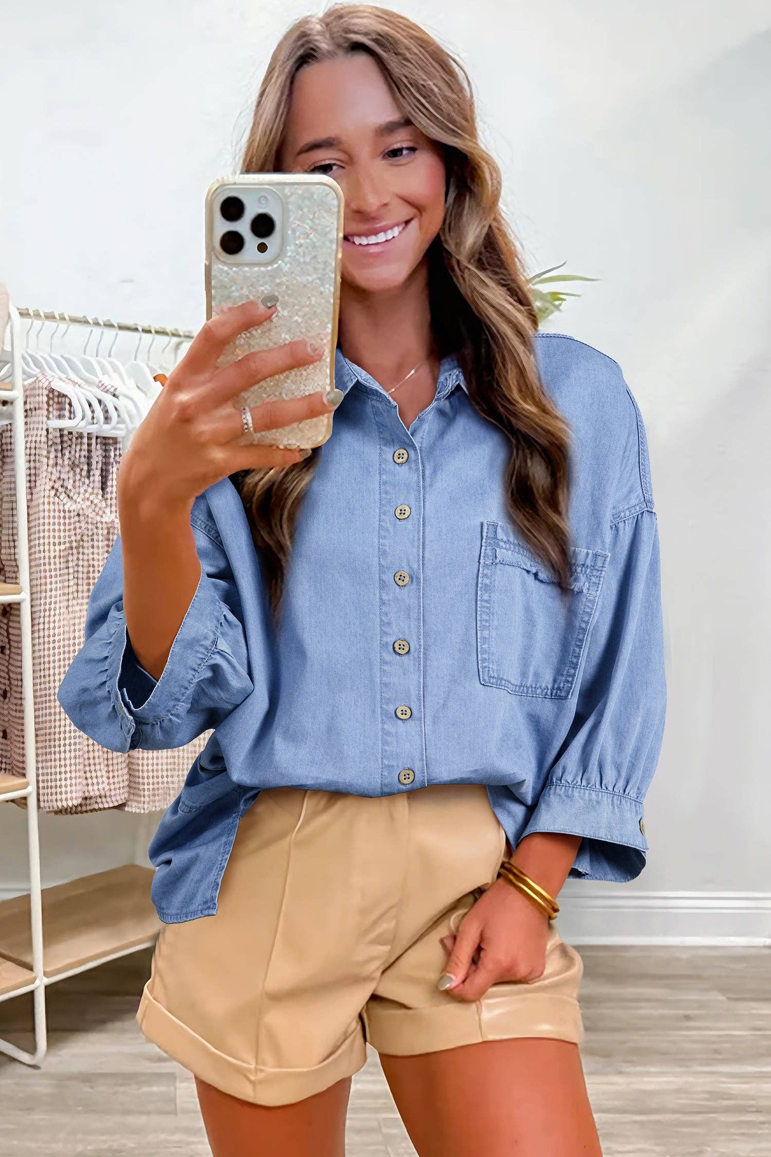 Washed Chambray Drop Shoulder Bracelet Sleeve Shirt: Myosotis / 100%Cotton / L