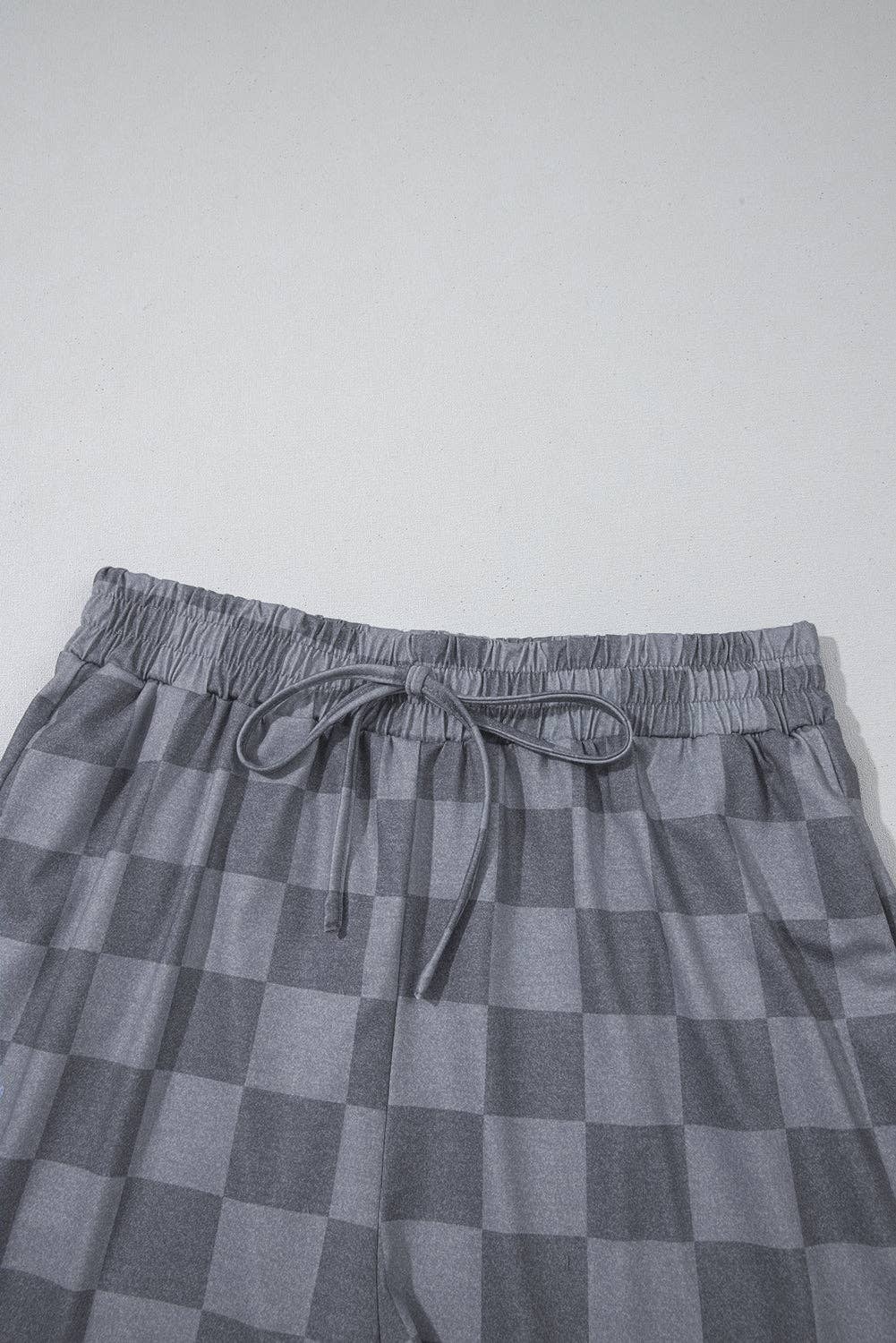 Beige Checkered Lounge Set V Neck Tee Shorts: Beige / 95%Polyester+5%Elastane / XL