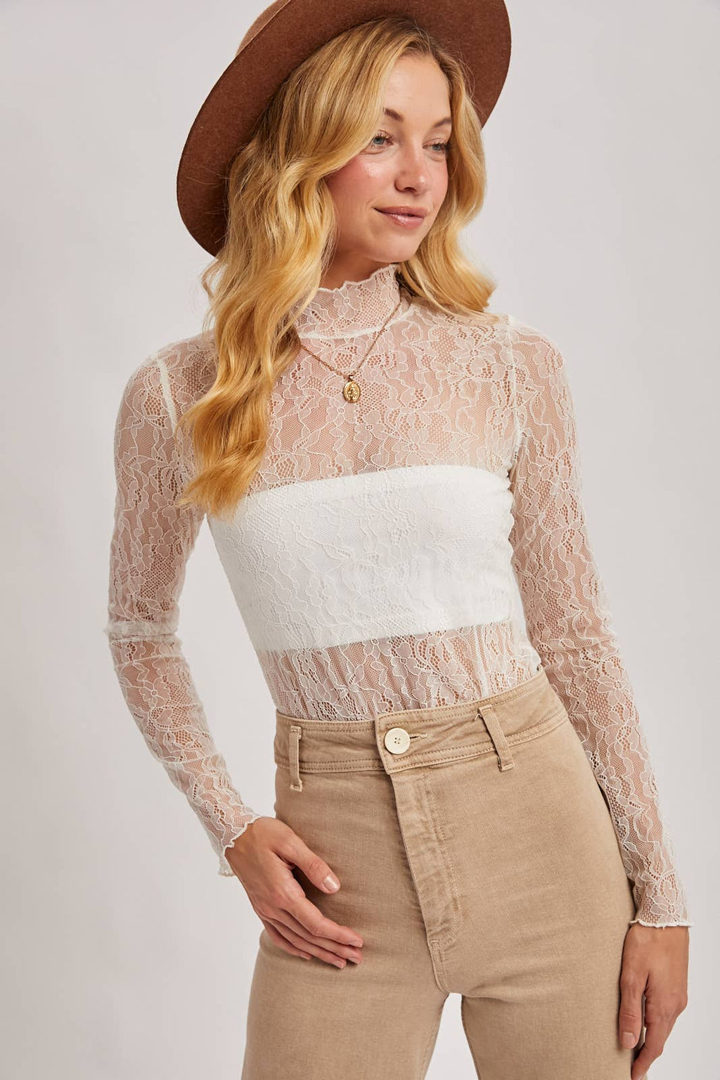ELEGANT LONG-SLEEVED MOCK NECK LACE TOP WITH NO LINING: IVORY / L