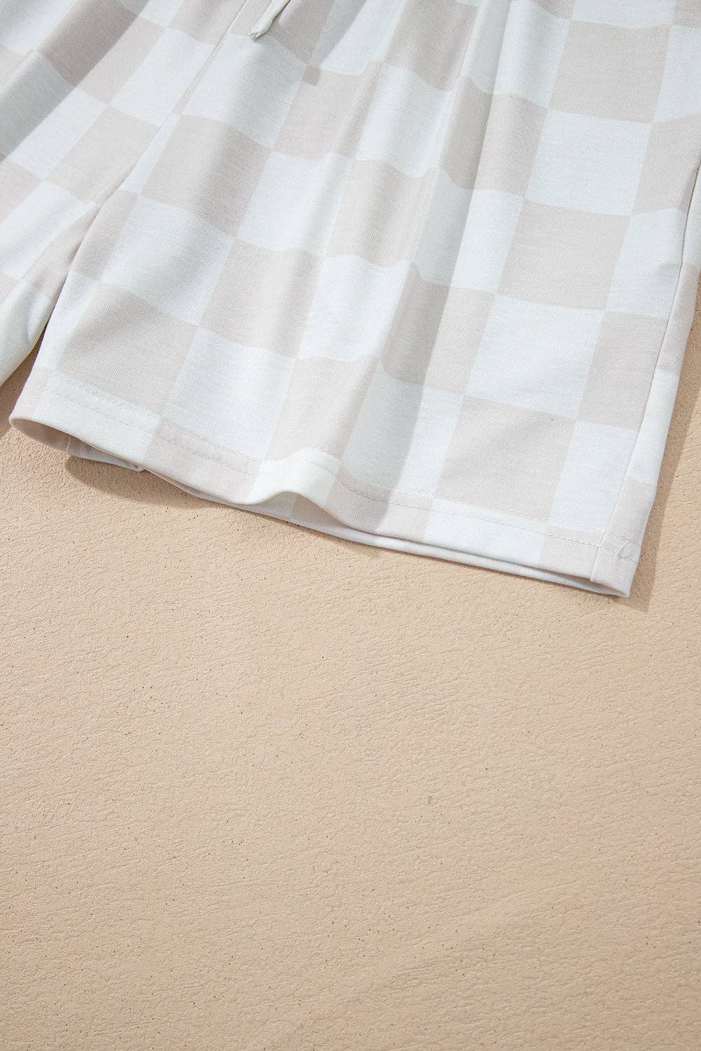 Beige Checkered Lounge Set V Neck Tee Shorts: Beige / 95%Polyester+5%Elastane / L