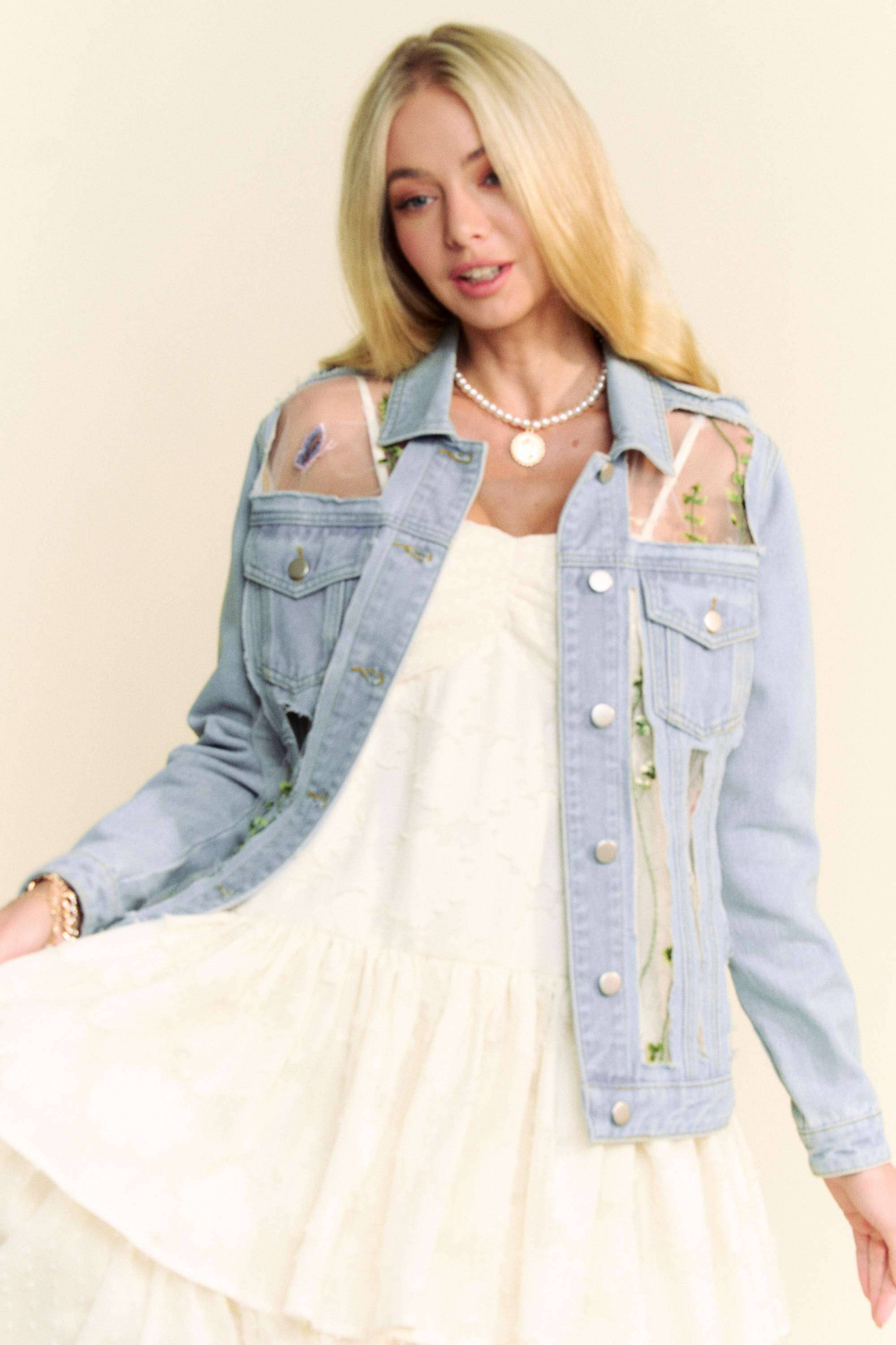 Floral Embroidery Mesh Button Down Denim Jacket