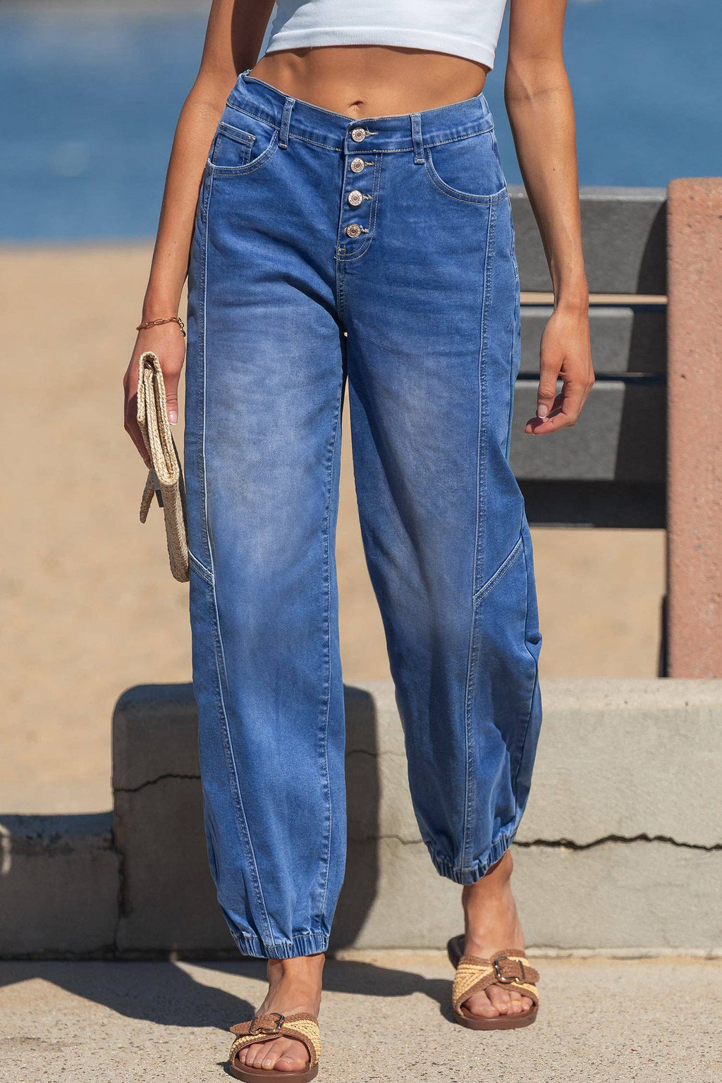 Blue 4 Buttons Front Tapered Casual Loose Fit Jeans: Blue / 65%Cotton+33%Polyester+2%Elastane / 10