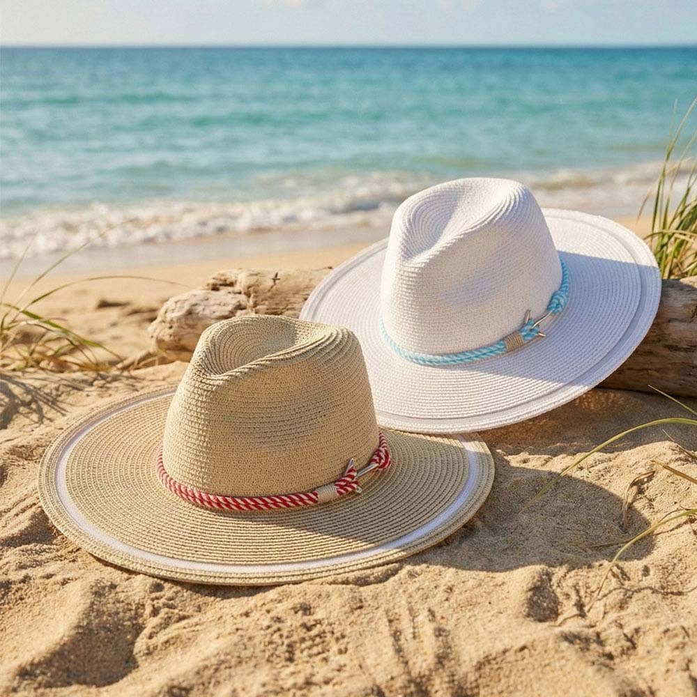 Anchor Detail Nautical Rope Band Sheer Brim Woven Sun Hat: White