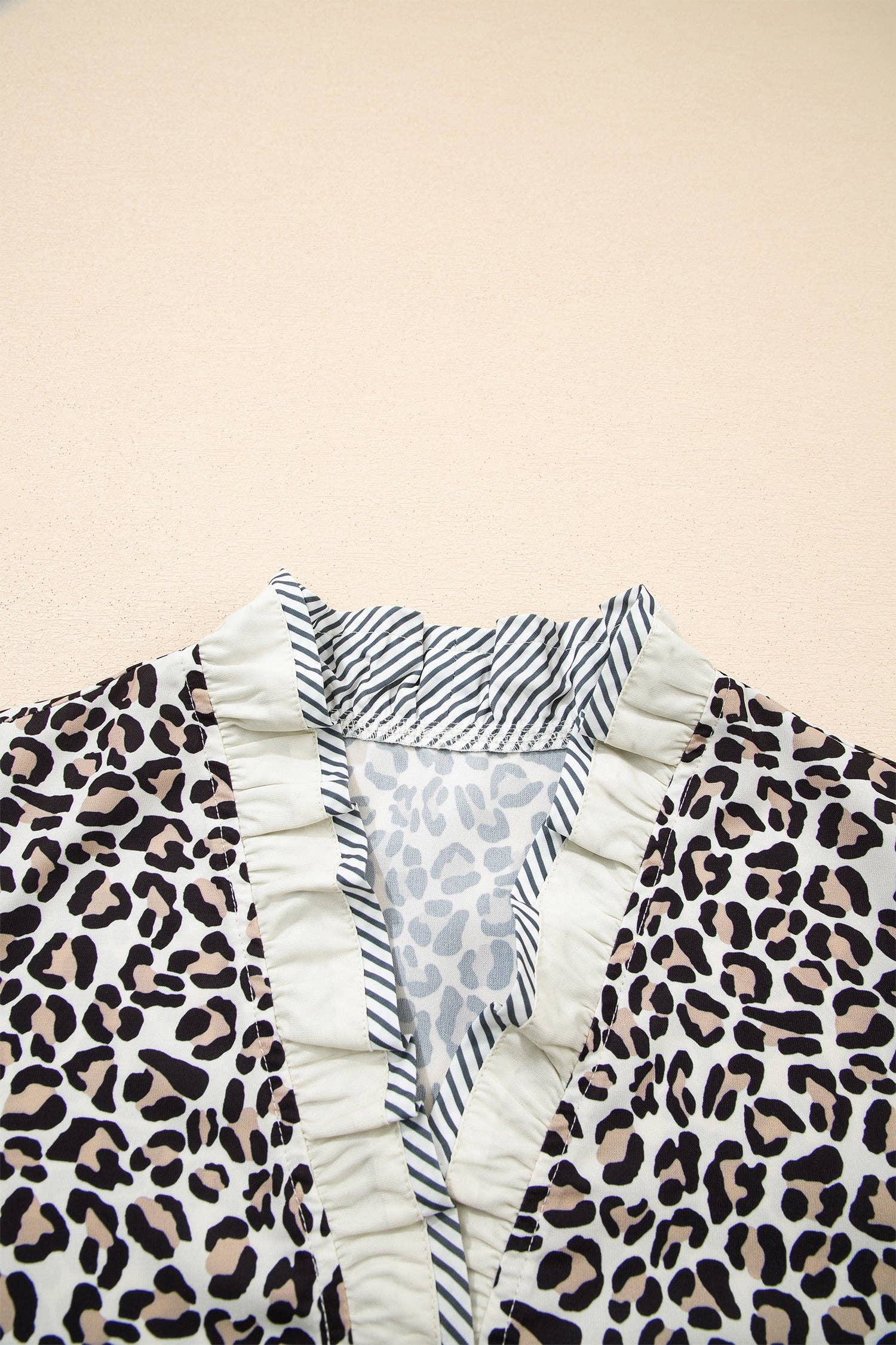 Leopard Print V Neck Blouse with Striped Ruffle Trim
