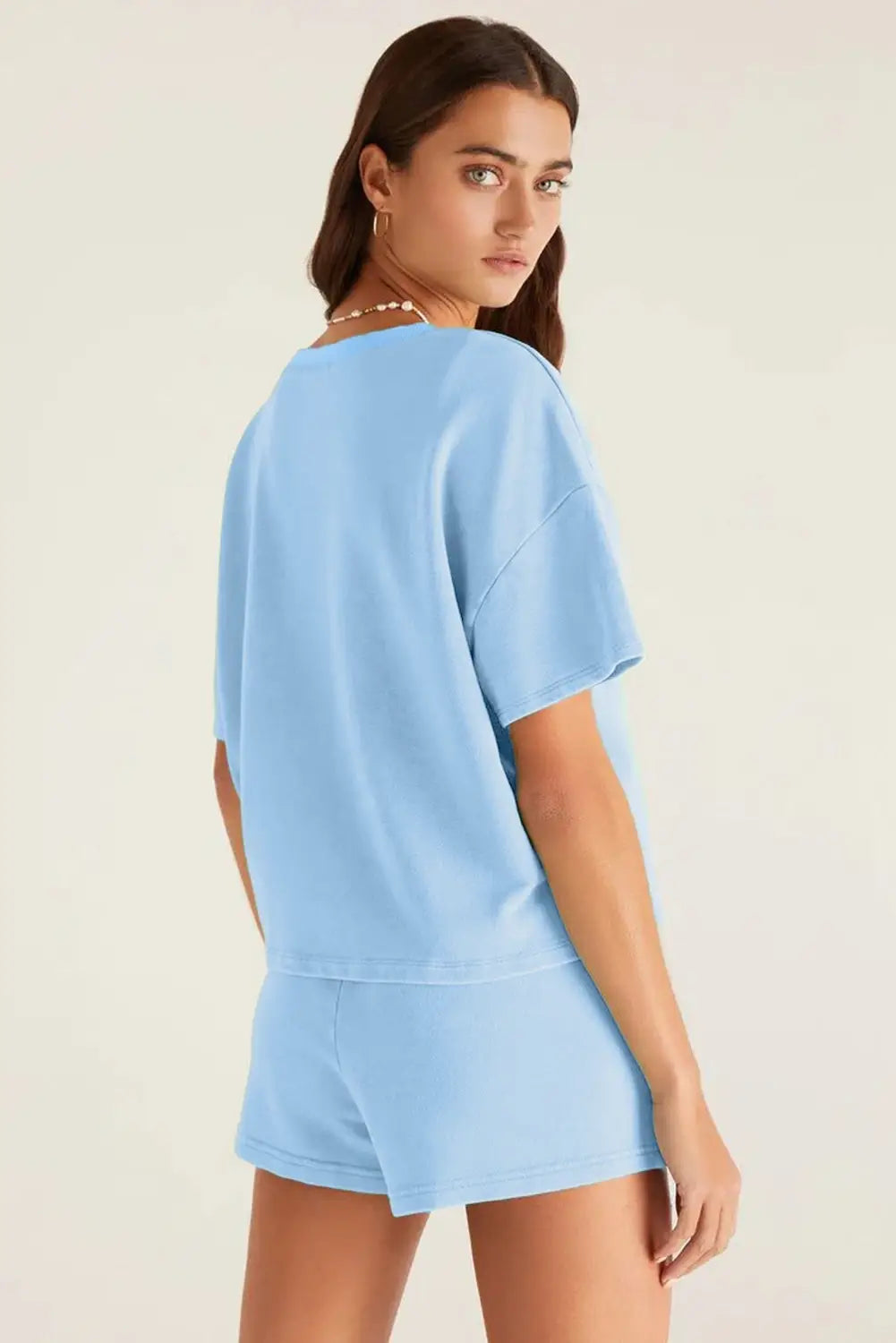 Women’s V-Neck Tee and Drawstring Shorts Lounge Set: Bonbon / 70%Polyester+25%Cotton+5%Elastane / S