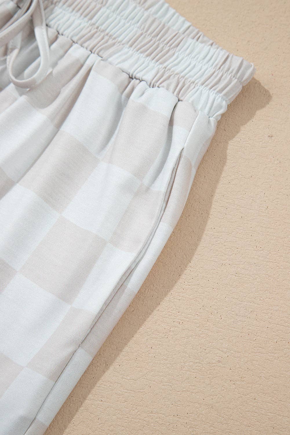 Beige Checkered Lounge Set V Neck Tee Shorts: Beige / 95%Polyester+5%Elastane / L