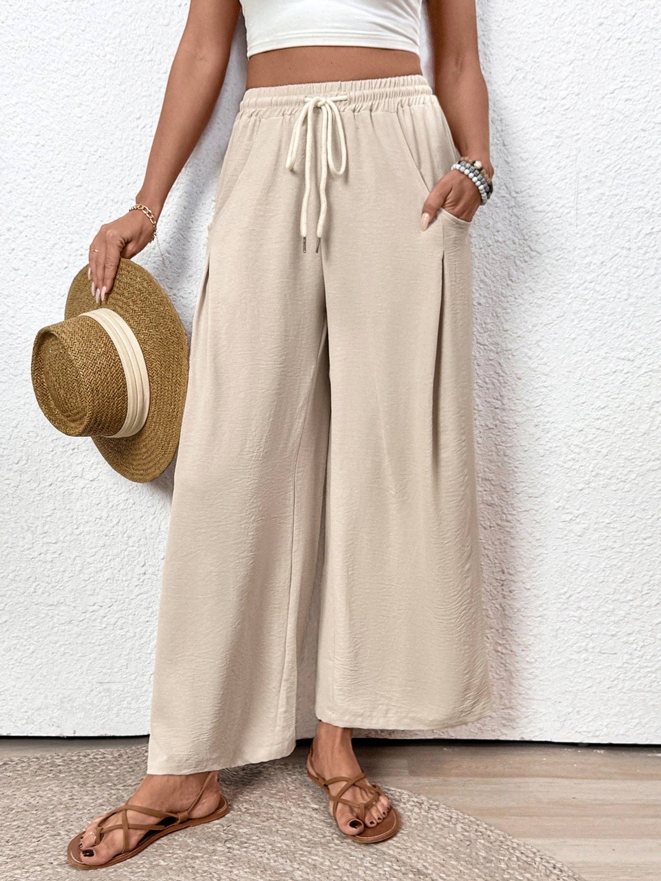 Women’s Drawstring Wide Leg Pants Casual Vacation: Apricot / 100%Polyester / S