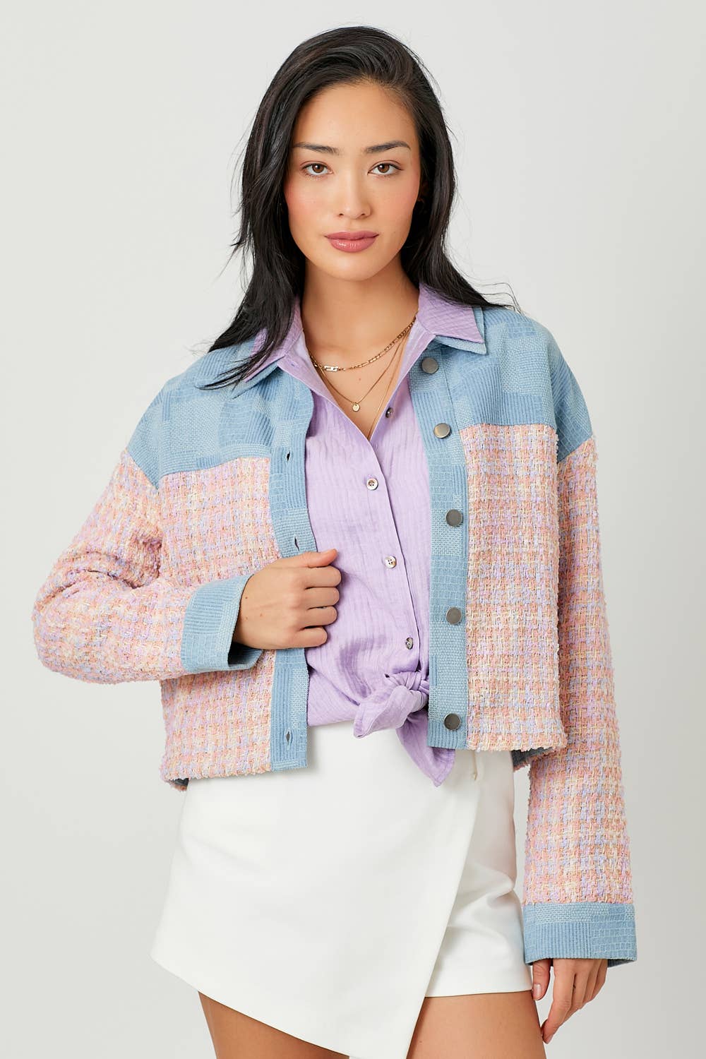 60433 Cropped Denim Mixed Jacket: Ivory Mix / Small