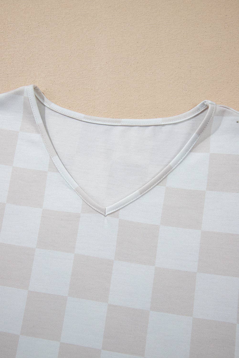 Beige Checkered Lounge Set V Neck Tee Shorts: Beige / 95%Polyester+5%Elastane / XL